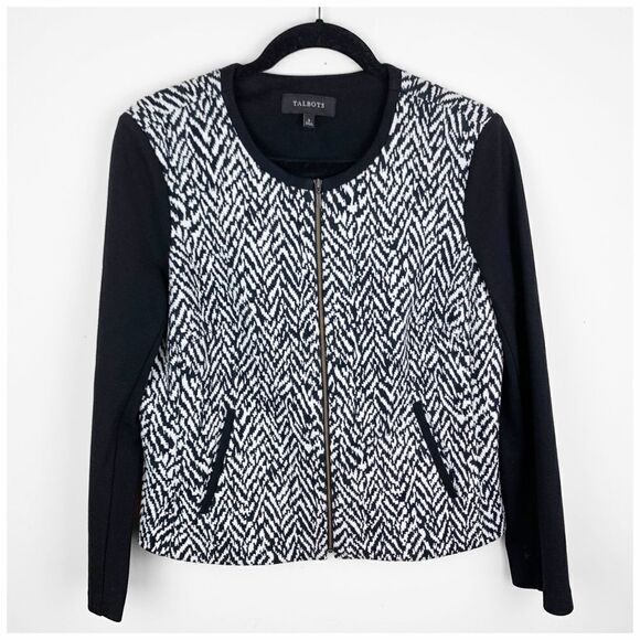 Talbots B/W Herringbone Zip Front Cropped Jacket Black Sleeves Sz 8 - Picture 1 of 10